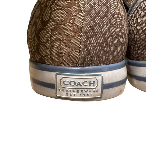 Coach Leather Womens 6M Brown/Tan Patchwork Sneakers with Blue Strings - Picture 3 of 9